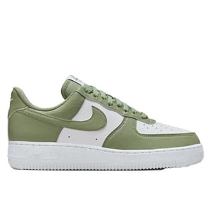 A pair of green and white Nike Air Force 1 sneakers featuring a classic low-top design with a white sole and green leather accents.