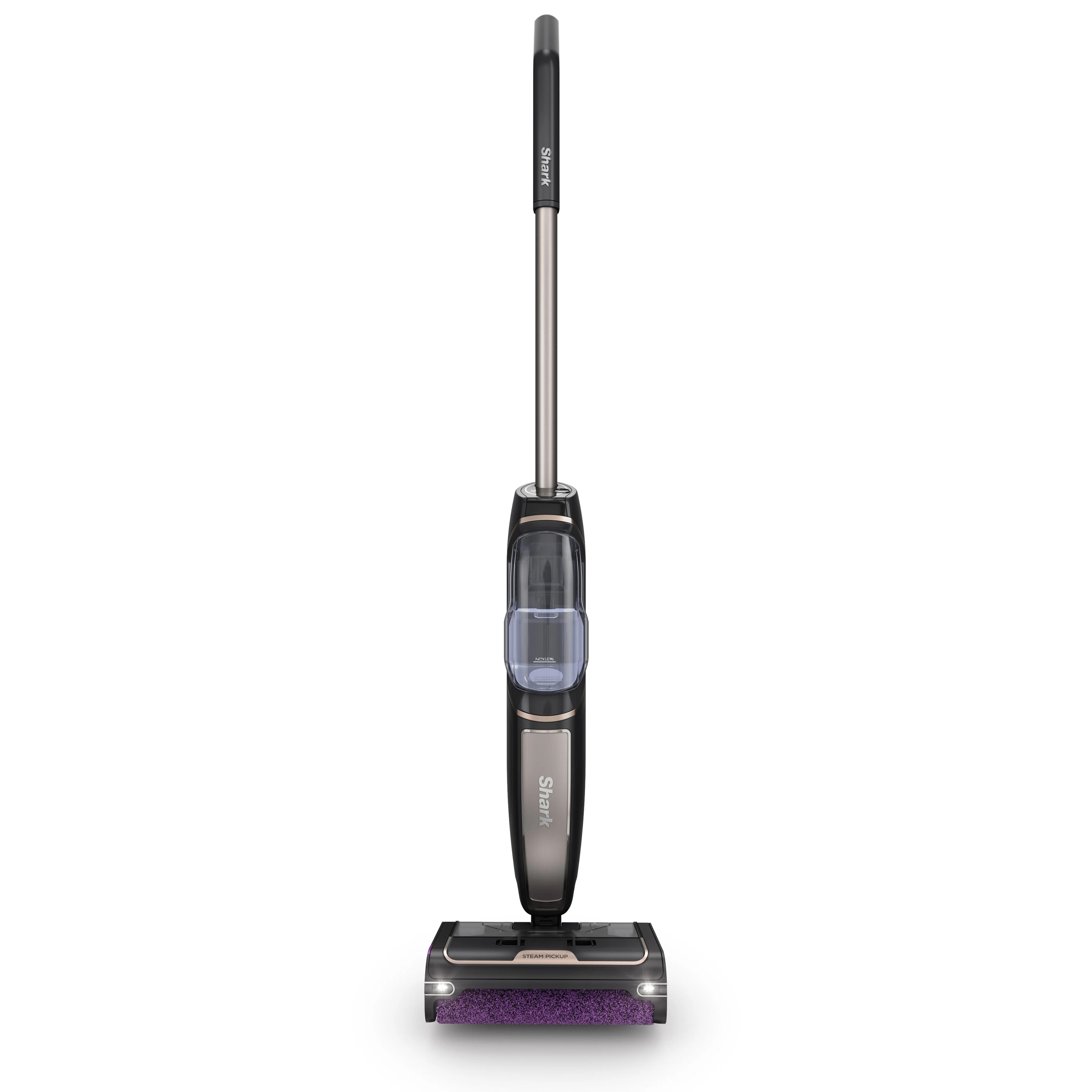 Shark Pickup 3-in-1 Steam Mop is a versatile cleaning tool with a long handle, water tank, and mop head featuring LED lights and a purple cleaning pad, designed for steam cleaning various floor types.