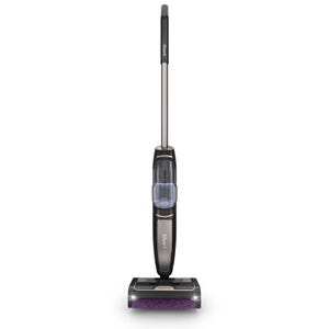 Shark Pickup 3-in-1 Steam Mop is a versatile cleaning tool with a long handle, water tank, and mop head featuring LED lights and a purple cleaning pad, designed for steam cleaning various floor types.