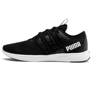 Black Puma Men's Star Vital sneakers with white soles, featuring a prominent Puma logo on the side, a breathable upper fabric, and a lace-up front.