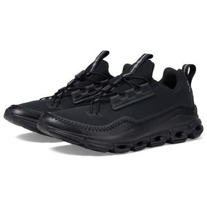 A pair of black athletic sneakers with a chunky sole and lace-up front.