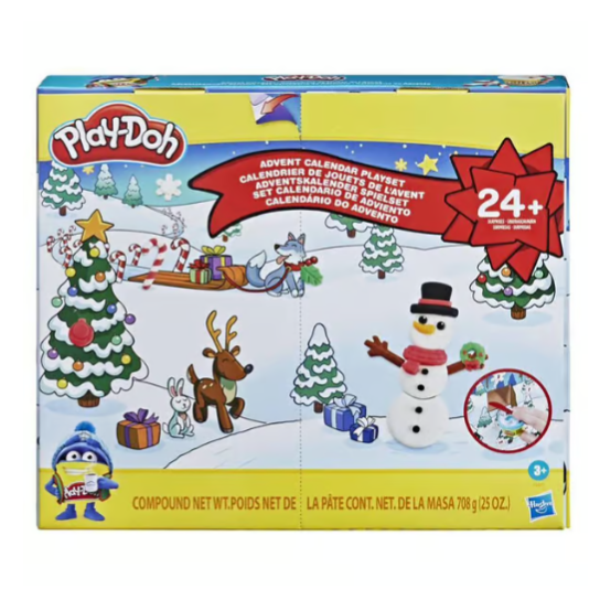 Play-Doh Advent Calendar Playset featuring over 24 surprises, includes holiday-themed figures like a snowman, reindeer, and a Christmas tree. Suitable for ages 3+, with a total Play-Doh compound weight of 708g (25 oz).