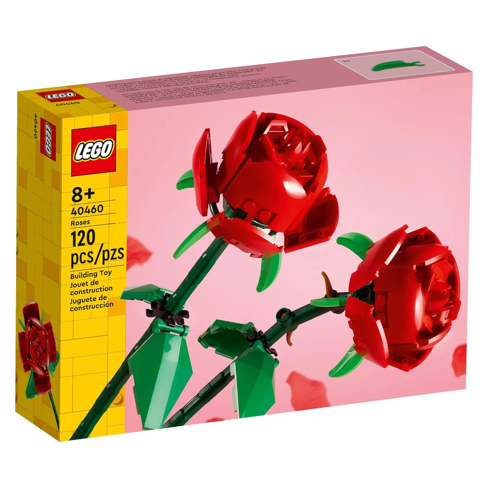 LEGO Roses Set 40460 features 120 pieces and is designed for ages 8 and up. The set includes two red LEGO roses with green stems and leaves, ideal for display or gifting.