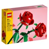 LEGO Roses Set 40460 features 120 pieces and is designed for ages 8 and up. The set includes two red LEGO roses with green stems and leaves, ideal for display or gifting.