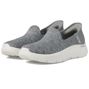 A pair of gray Skechers GOwalk slip-on shoes with a white sole.