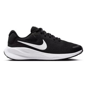 Nike Revolution 7 shoes feature a sleek, lightweight black mesh upper with a large white Swoosh logo and cushioned white sole for comfort and style.