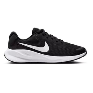 Nike Revolution 7 shoes feature a sleek, lightweight black mesh upper with a large white Swoosh logo and cushioned white sole for comfort and style.