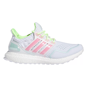 A white Adidas Ultraboost running shoe with pink stripes and neon green accents.