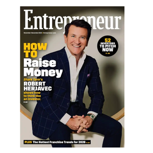 Entrepreneur magazine cover featuring a man in a suit, highlighting articles about raising money, investing insights from Robert Herjavec, and franchise trends for 2026.