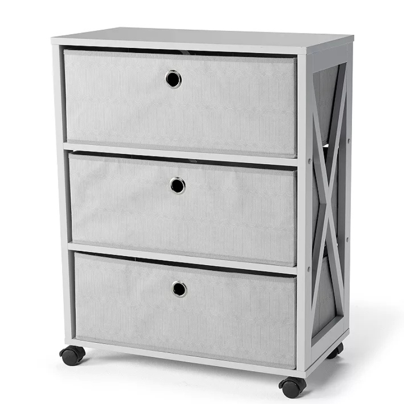 A gray three-drawer fabric storage unit with a wooden frame on caster wheels, featuring X-shaped side support and circular metal handles.