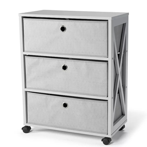 A gray three-drawer fabric storage unit with a wooden frame on caster wheels, featuring X-shaped side support and circular metal handles.