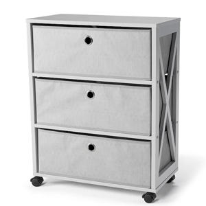 A gray three-drawer fabric storage unit with a wooden frame on caster wheels, featuring X-shaped side support and circular metal handles.