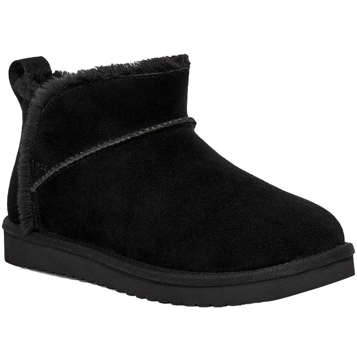 Black ankle-height suede boots with a plush, fur-like lining and a rounded toe. They have a pull tab at the back and a flat, textured rubber sole for traction.