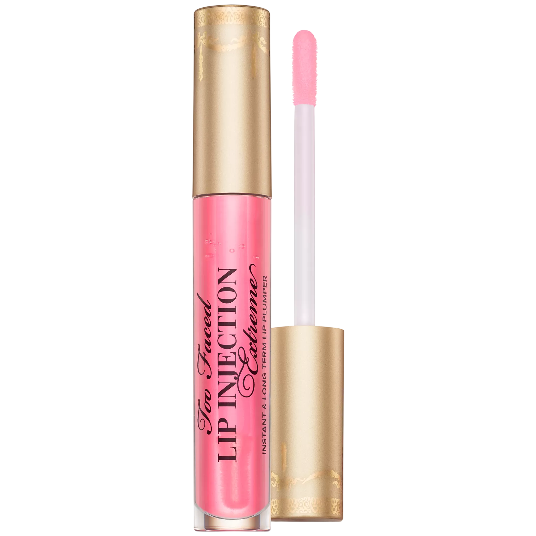 Too Faced Lip Injection Extreme, a lip plumper with a pink tint, featuring a gold cap and applicator wand.