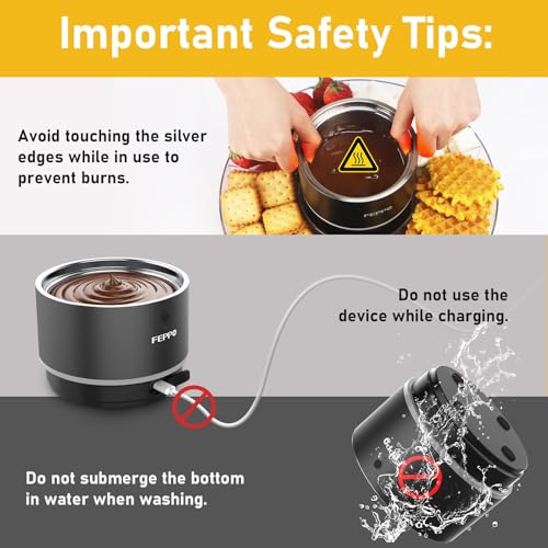 Safety tips for a chocolate melting pot: avoid touching the hot silver edges, don't use while charging, and do not submerge in water.