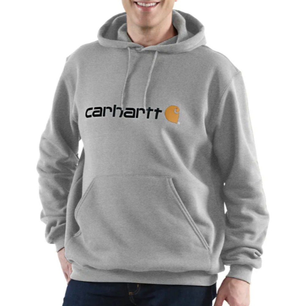 Gray Carhartt hoodie with a front pocket, featuring the Carhartt logo in black and orange.