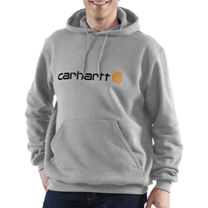 Gray Carhartt hoodie with a front pocket, featuring the Carhartt logo in black and orange.