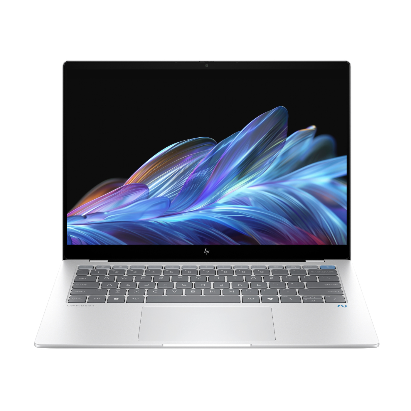 A sleek, silver laptop with a vibrant, abstract blue and purple feather-like wallpaper on the screen. It features a compact keyboard and large touchpad, and the HP logo is visible below the display.