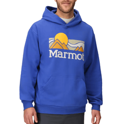 Blue hoodie with a graphic design featuring mountains and a sun above the word \“Marmot.\“