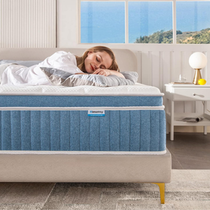 A woman peacefully sleeps on a Rimensy mattress in a bright bedroom, featuring a blue mattress with a white top and a contemporary bedside table with a lamp.