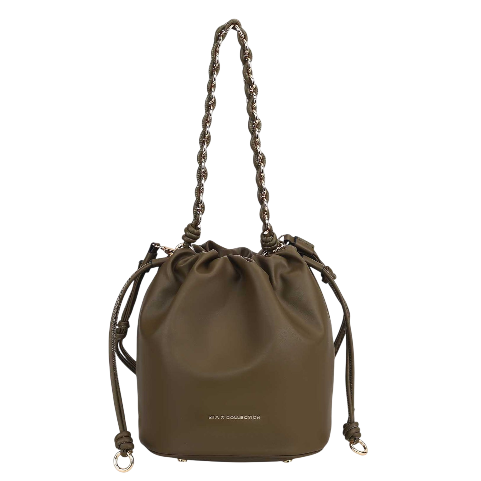 A small olive green bucket bag with a drawstring closure and chain handle. It features a minimalist design with the \“Mi & A Collection\“ logo.
