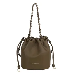 A small olive green bucket bag with a drawstring closure and chain handle. It features a minimalist design with the \“Mi & A Collection\“ logo.