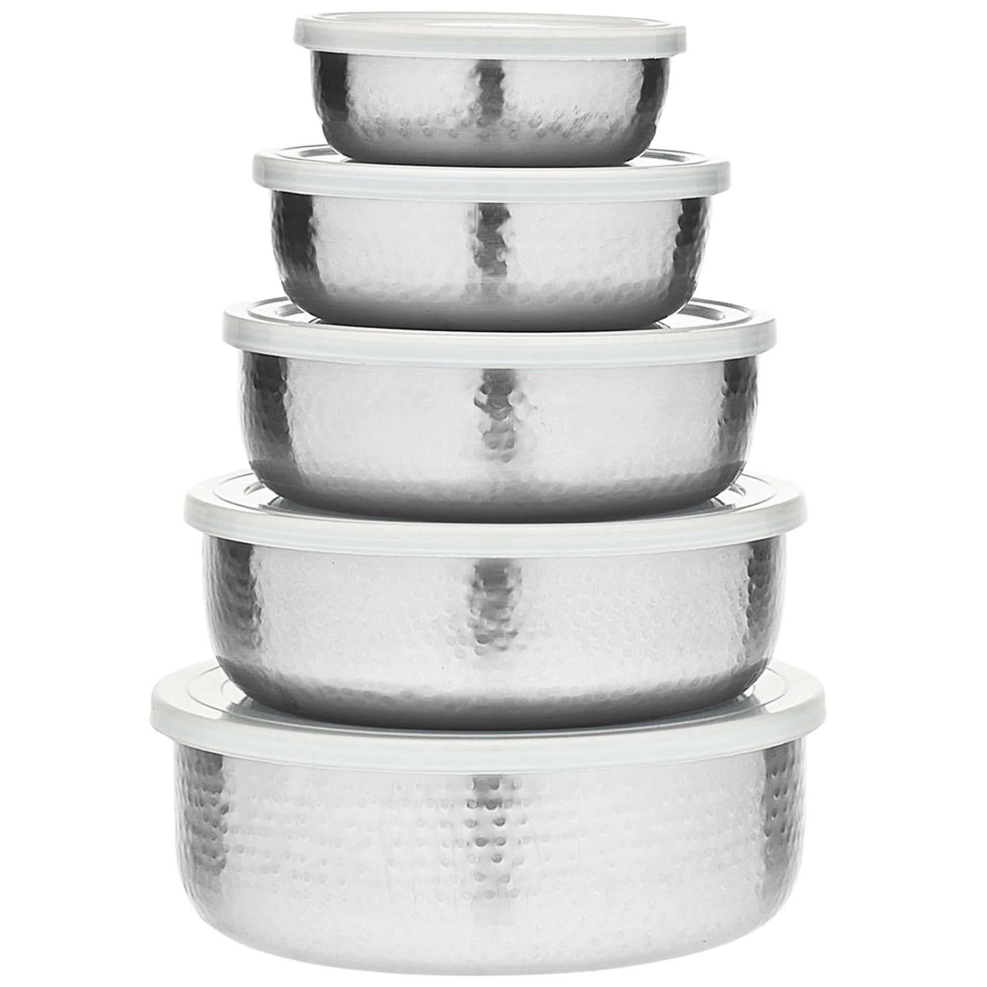 A set of five stainless steel storage bowls with hammered texture and white lids, stacked in decreasing size order.