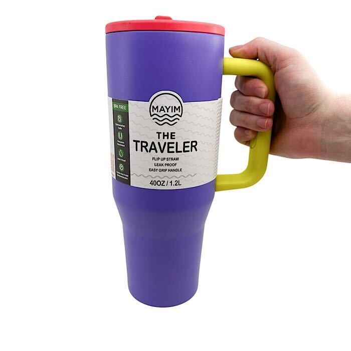 A purple MAYIM \“The Traveler\“ 40oz/1.2L travel cup with a red lid and yellow easy-grip handle, featuring a flip-up straw and leak-proof design. BPA-free.