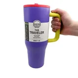A purple MAYIM \“The Traveler\“ 40oz/1.2L travel cup with a red lid and yellow easy-grip handle, featuring a flip-up straw and leak-proof design. BPA-free.