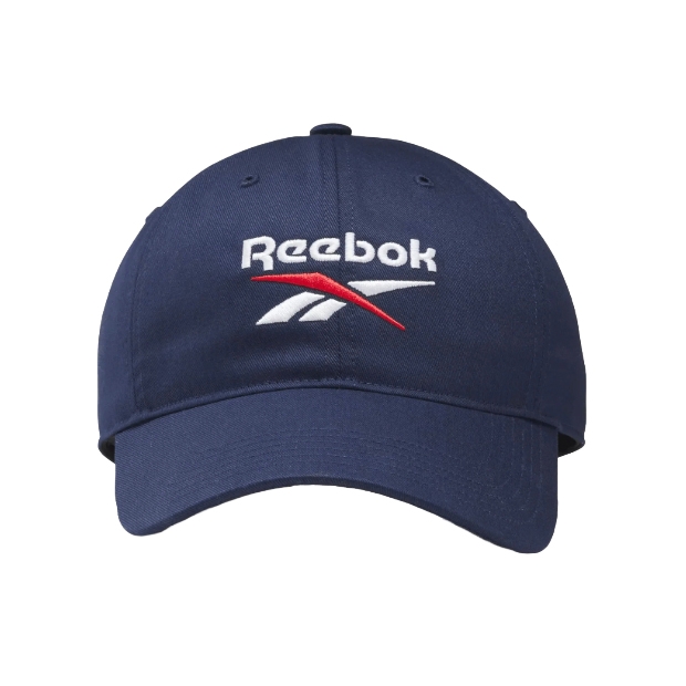 A navy blue Reebok baseball cap with the Reebok logo embroidered in white and red on the front.