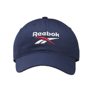 A navy blue Reebok baseball cap with the Reebok logo embroidered in white and red on the front.