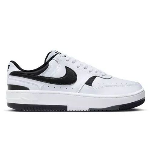 A white and black low-top sneaker with a distinctive black swoosh logo on the side.