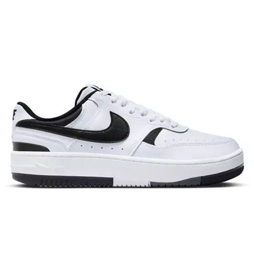 A white and black low-top sneaker with a distinctive black swoosh logo on the side.