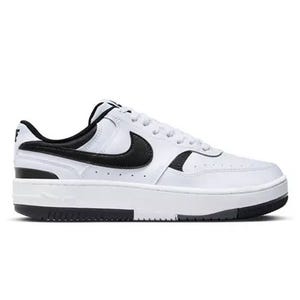 A white and black low-top sneaker with a distinctive black swoosh logo on the side.