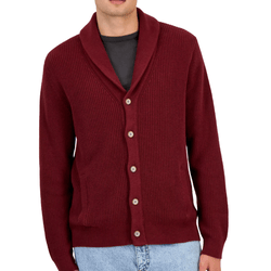 A maroon cardigan with a shawl collar and button closure, worn over a black shirt and light blue jeans.