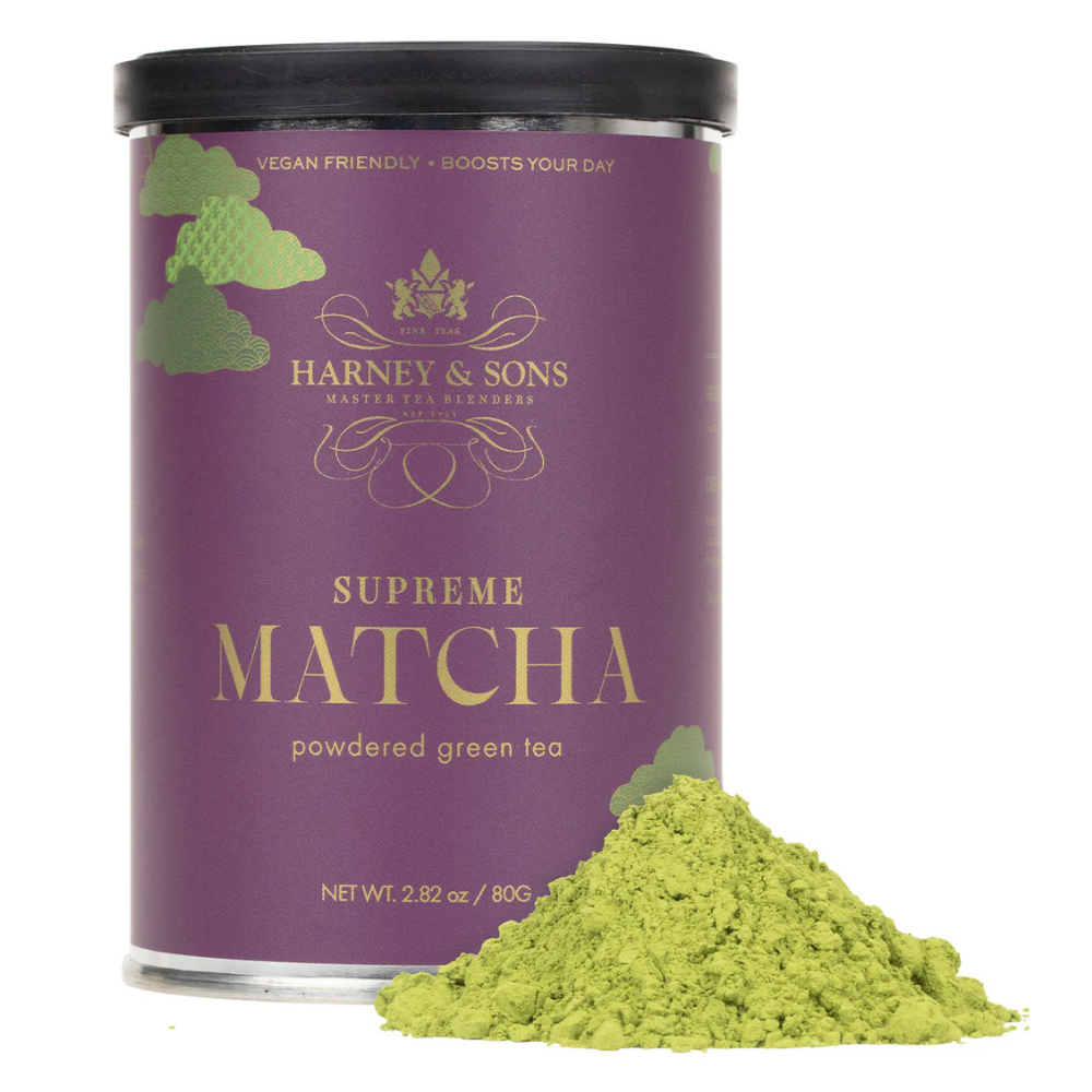 Harney & Sons Supreme Matcha, powdered green tea, 80g, in a purple can labeled as vegan friendly.