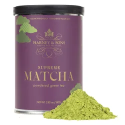 Harney & Sons Supreme Matcha, powdered green tea, 80g, in a purple can labeled as vegan friendly.
