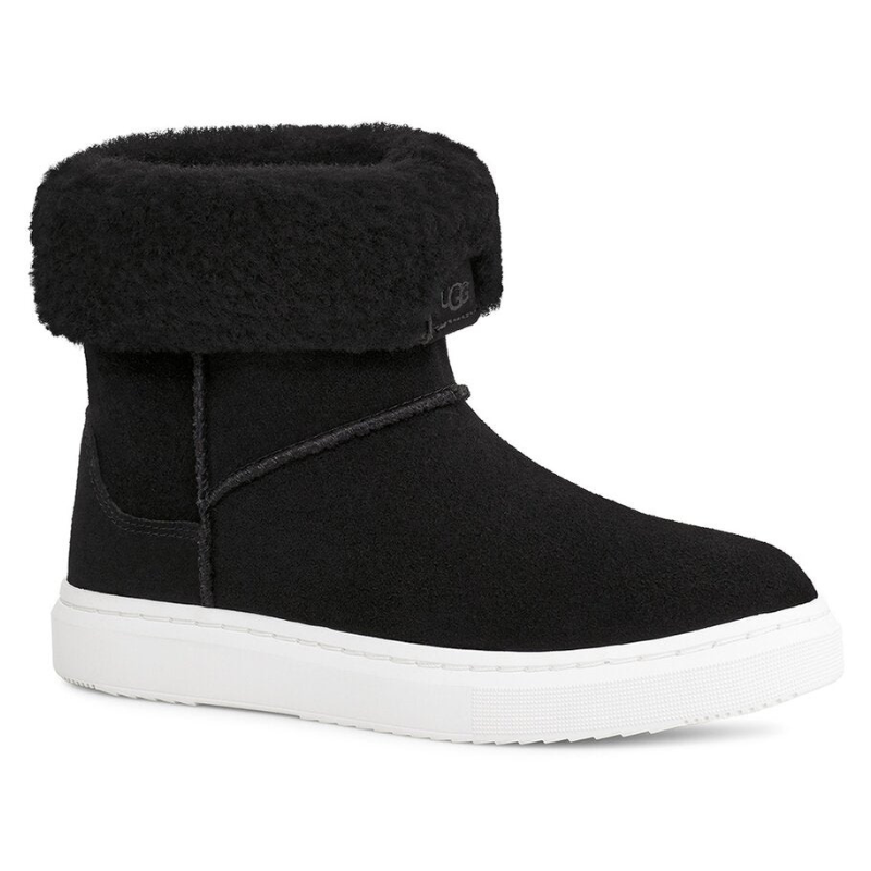 UGG Women's Alameda Cuffable Boots feature a black suede exterior with a plush, fold-over cuff and a white rubber sole. They offer a cozy and stylish design suitable for casual wear.