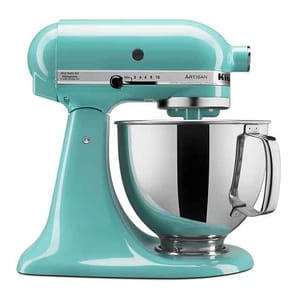 A teal KitchenAid Artisan stand mixer with a stainless steel bowl and handle, featuring a speed control dial and a tilt-head design.