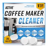 Active Coffee Maker Cleaner with 24 tablets offers premium descaling power for all coffee machines, providing descaling, deodorizing, refreshing, and protection benefits. One-year supply.