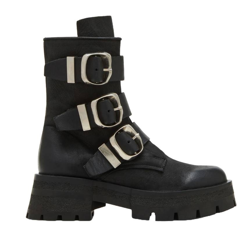 Steve Madden Motorcycle Boots feature a black leather design with three large silver buckles and a chunky platform sole, offering a rugged and stylish look.