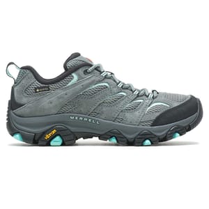 Merrell hiking shoe with Gore-Tex waterproofing, Vibram outsole, and grey and teal color scheme.