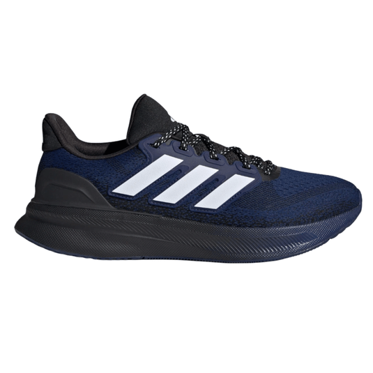 A blue and black Adidas running shoe with white stripes and a textured sole.