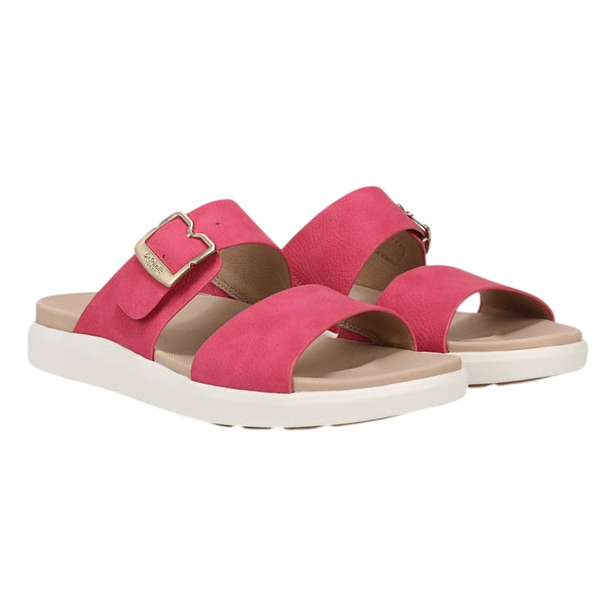 Bright pink slide sandals with a wide strap and a gold buckle accent, featuring a white sole for casual wear.