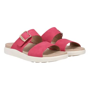 Bright pink slide sandals with a wide strap and a gold buckle accent, featuring a white sole for casual wear.