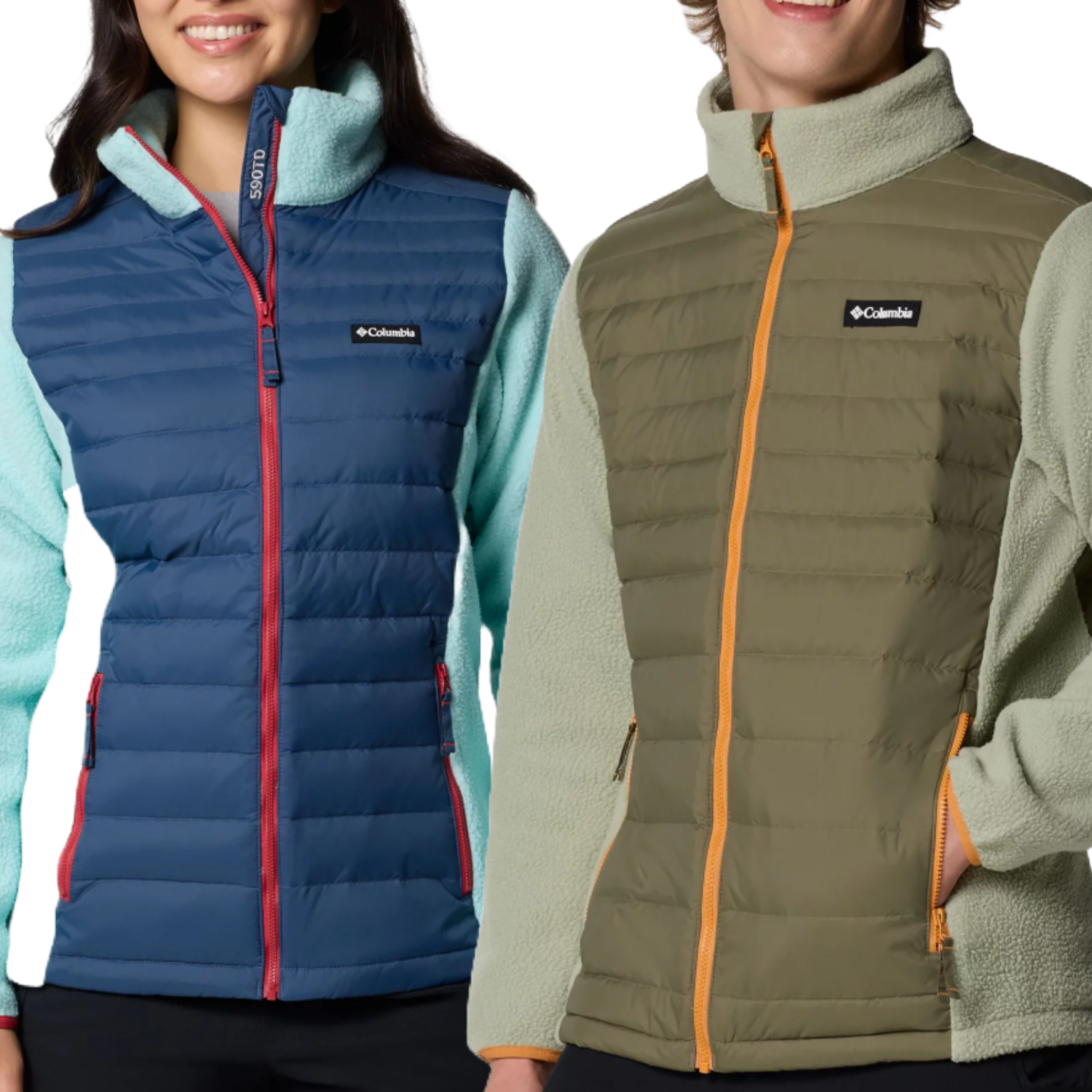 The Columbia Juniper Peak Hybrid Jacket combines a quilted body with fleece sleeves and sides for warmth and mobility. It features a zip-up front, high collar, and hand pockets, available in blue with red accents and olive with orange accents.