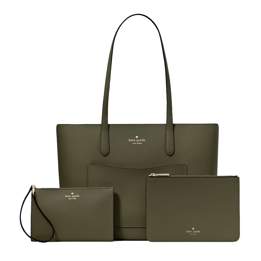Olive green Kate Spade tote bag set with two matching pouches, featuring the brand's logo on each item.