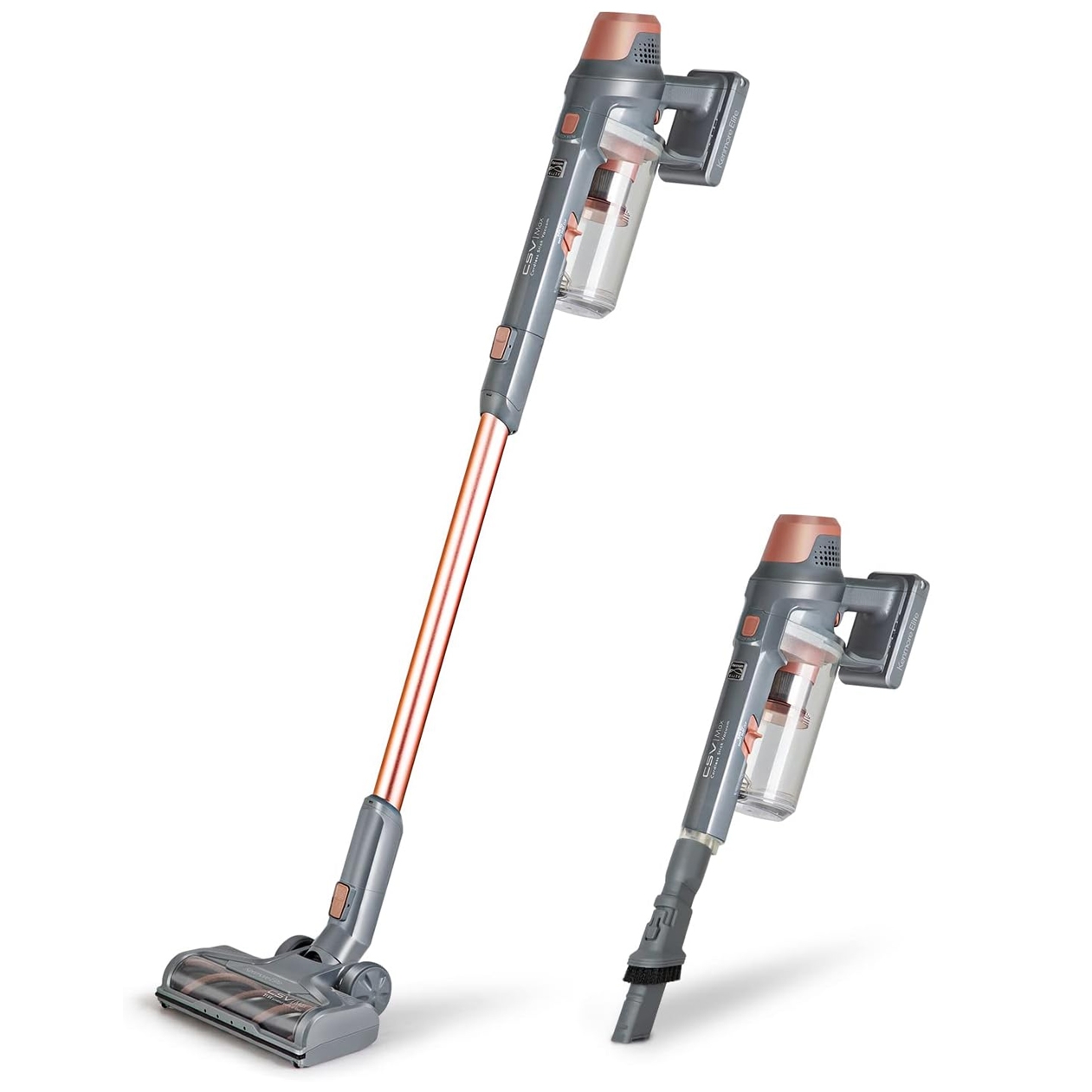 Kenmore DS4090 Cordless Stick Vacuum features a sleek, lightweight design with a detachable handheld unit, suitable for versatile cleaning. It has a slim copper-colored wand and comes with a brush attachment for detailed cleaning.
