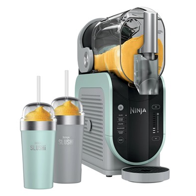 A Ninja slushie machine is shown alongside two cups of orange slush, each with a straw.