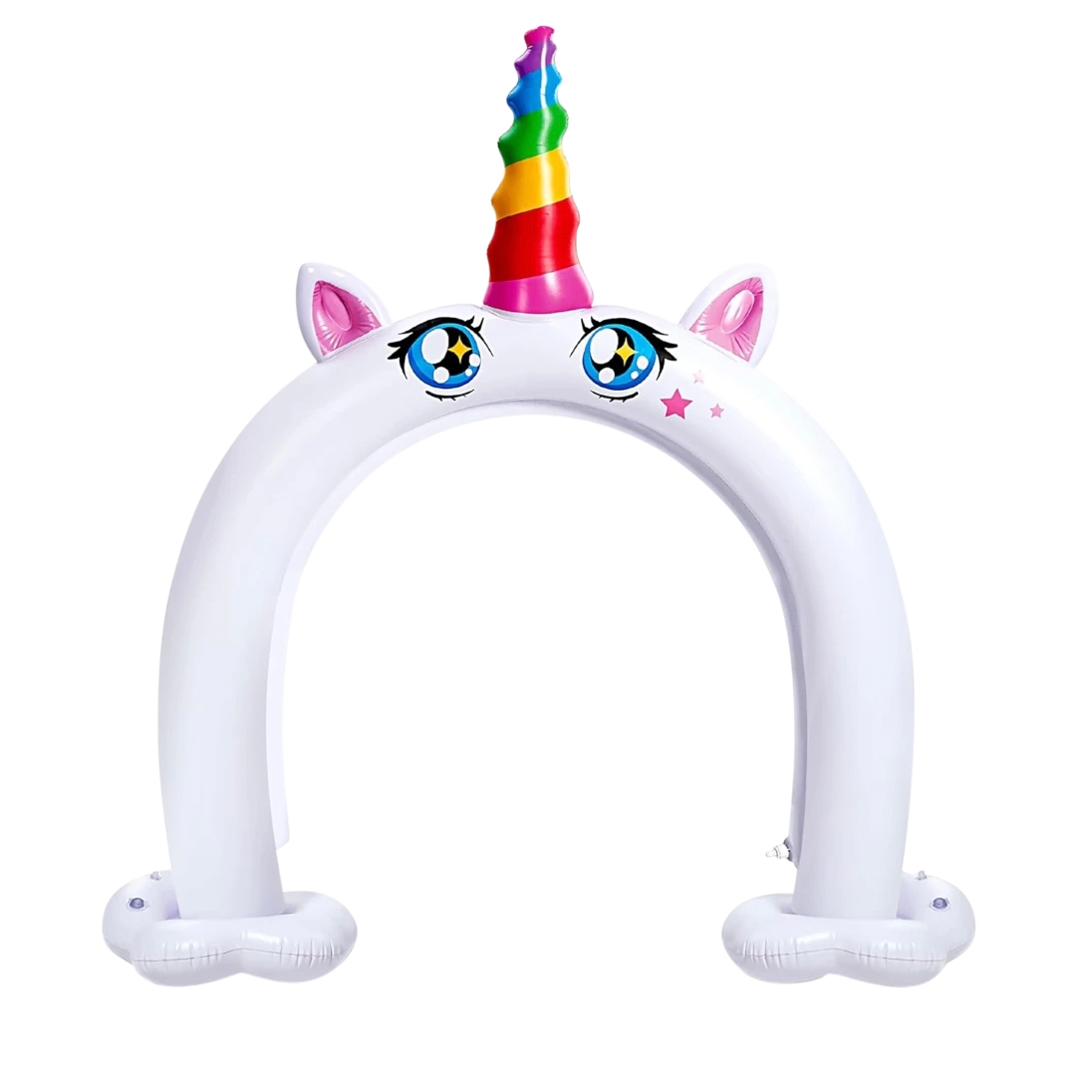 Inflatable unicorn arch sprinkler with a colorful rainbow horn, large cartoon eyes, and star accents, designed for outdoor water play.